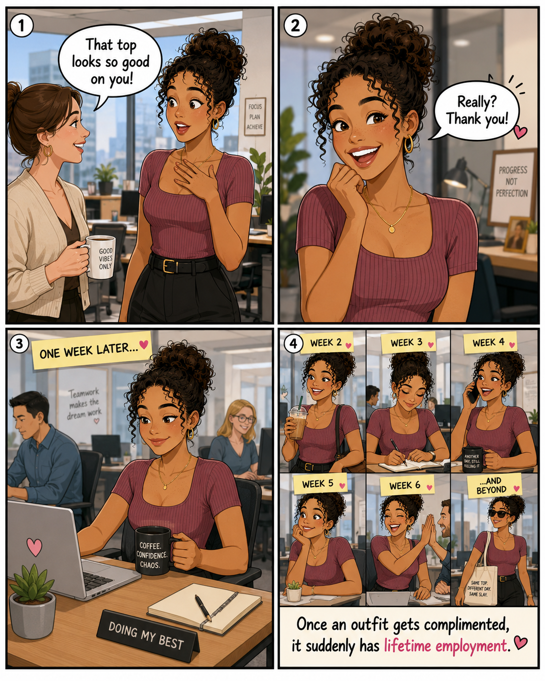 A four-panel comic about wearing the same favorite outfit again and again after receiving a compliment.
