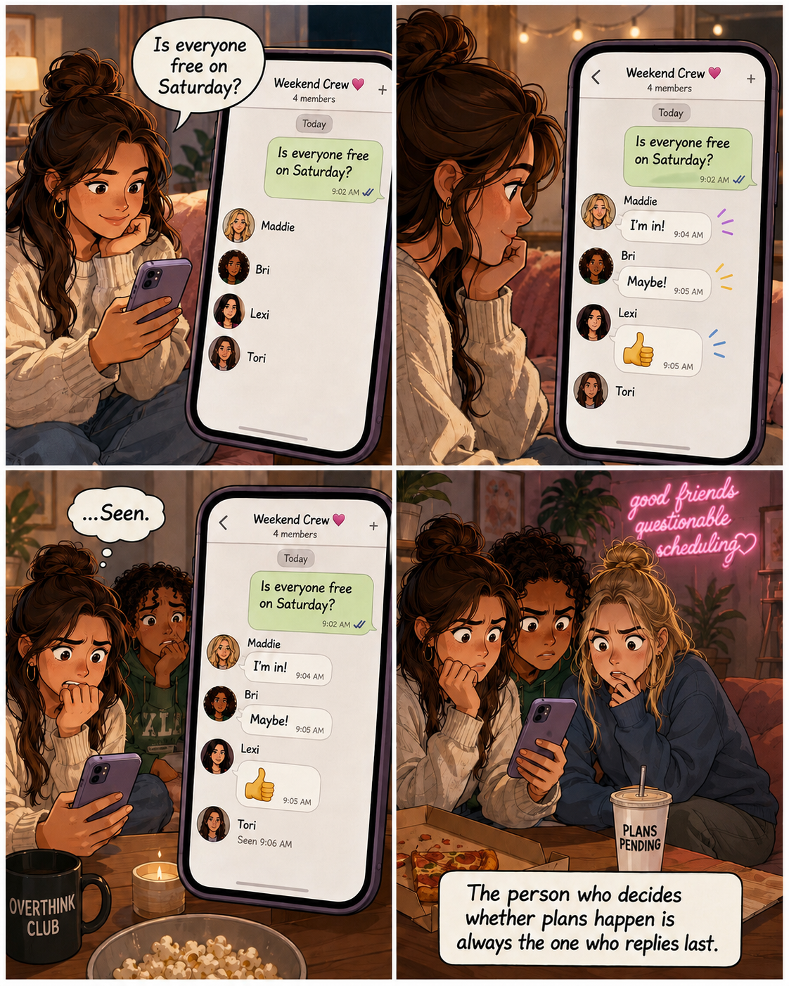A four-panel comic about friends bringing very different levels of energy to the same group chat.