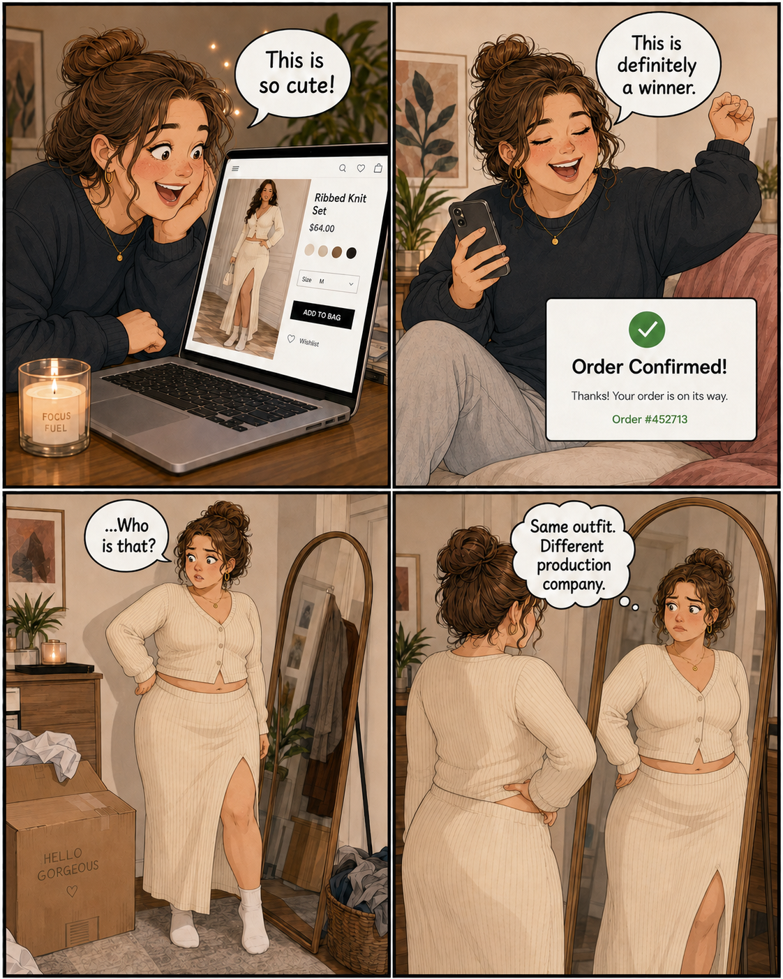 A four-panel comic about an online purchase looking very different from its product photo.