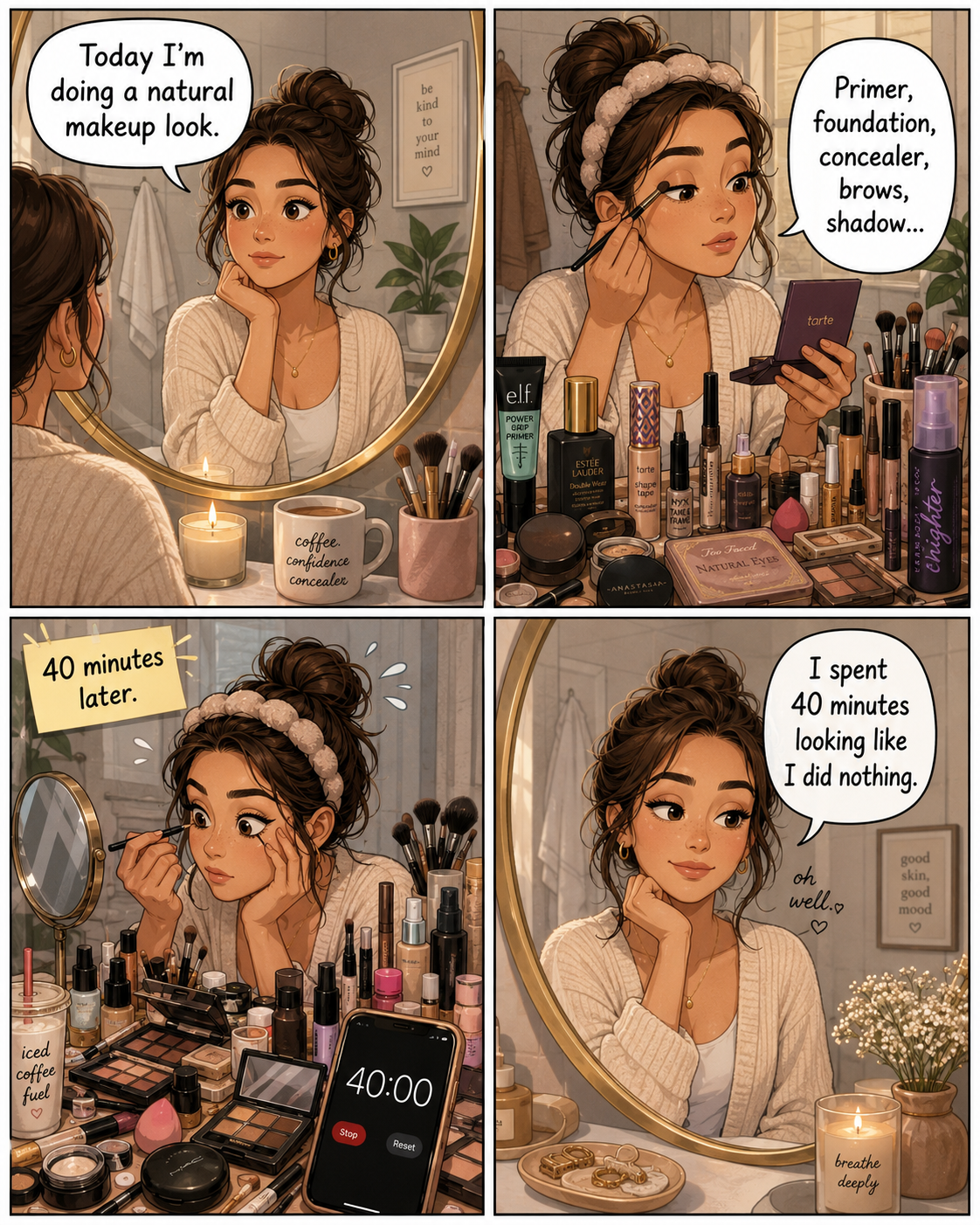 A four-panel comic about spending a long time on makeup only to look almost unchanged.