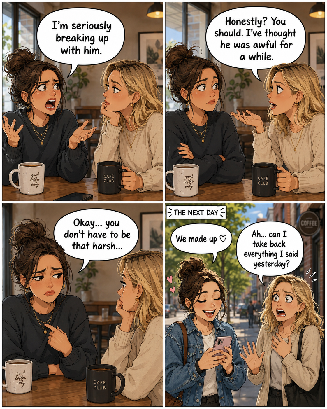 A four-panel comic about declaring that a relationship is definitely over this time.