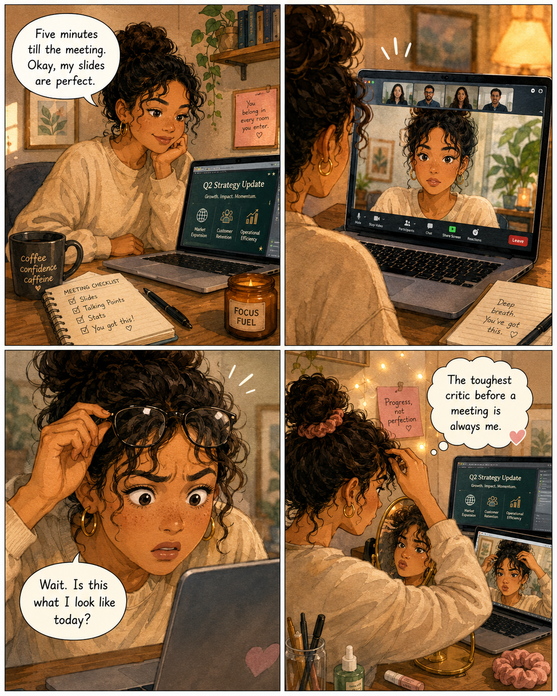 A four-panel comic about looking unexpectedly bad on a remote-work video call.