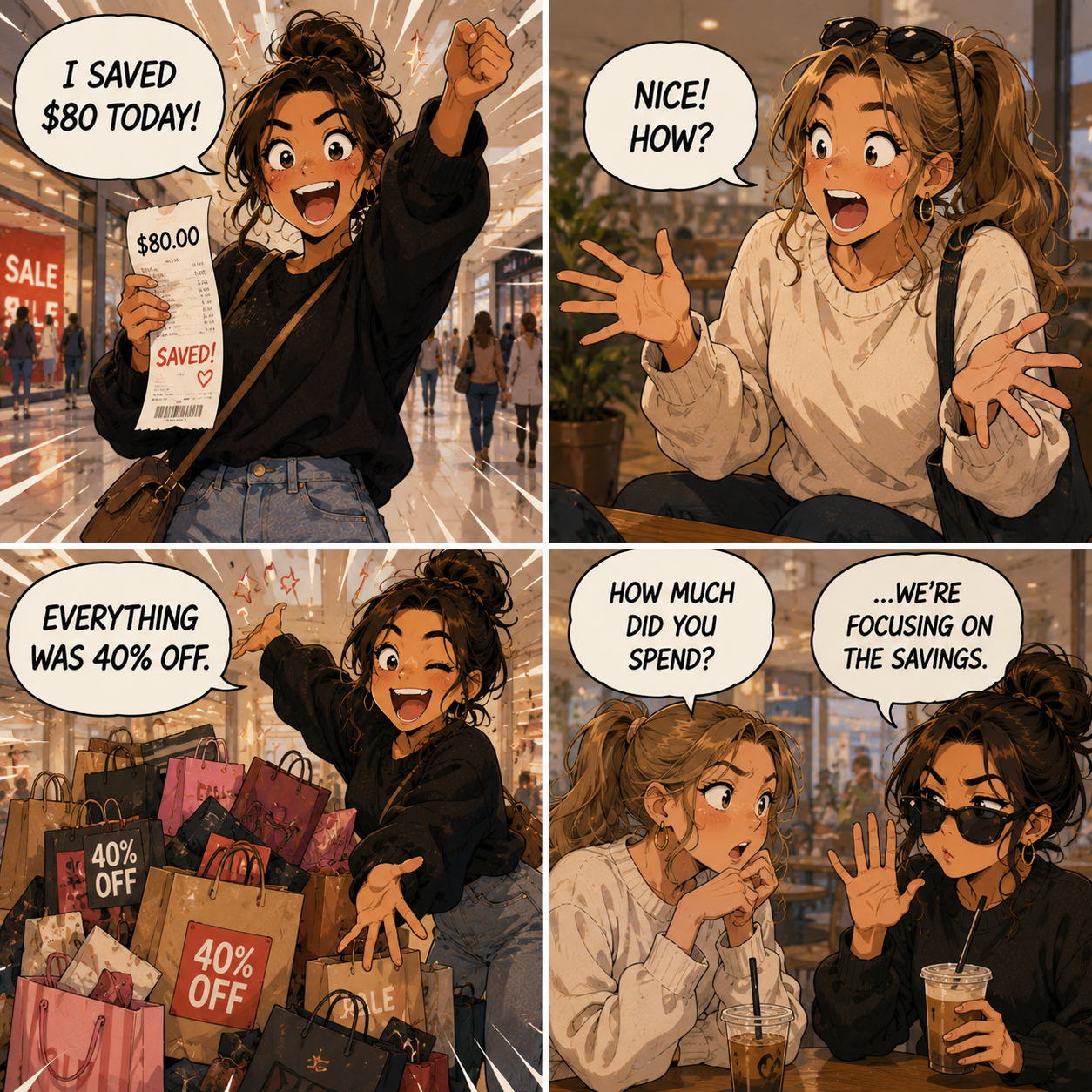 A four-panel comic about spending money while convincing yourself that you saved money.