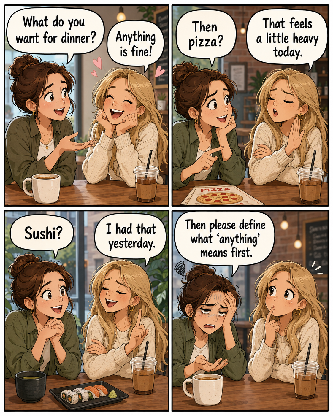 A four-panel comic about saying any food is fine and then rejecting every suggestion.