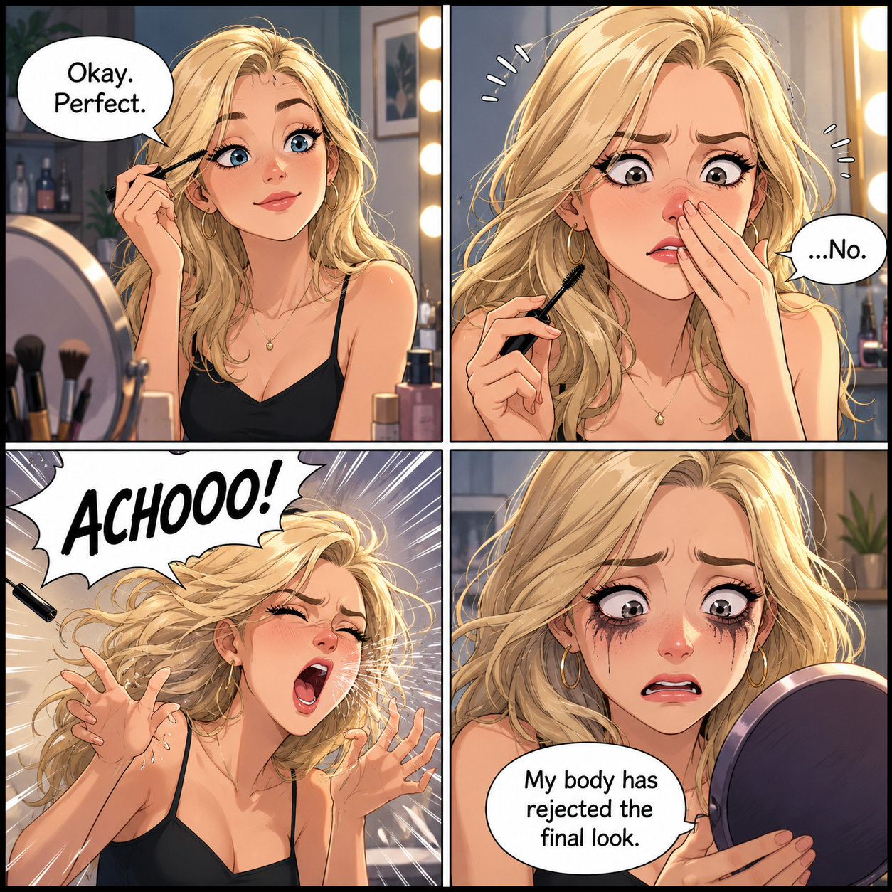 A four-panel comic about sneezing immediately after finishing makeup.